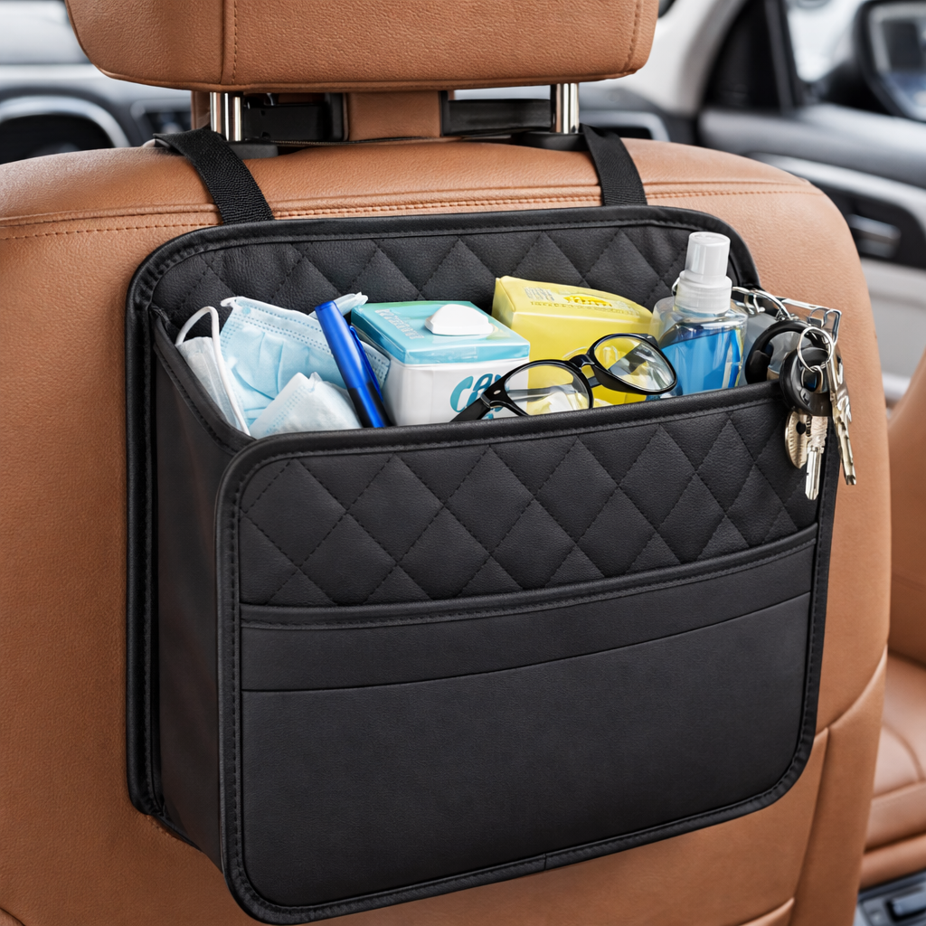 Premium Leather Car Seat Back Organizer – Multipurpose Storage & Trash Bag, Universal Fit for All Vehicles