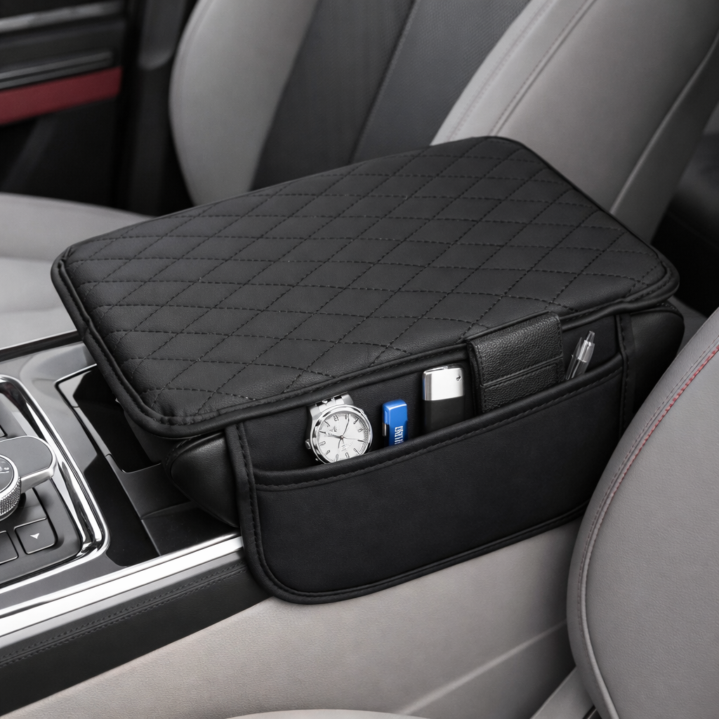 Car Armrest Cushion Cover with Storage Pocket β Soft Leather Center Console Pad, Pressure Relief & Organizer for Car Interior