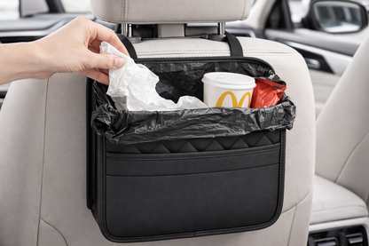 Premium Leather Car Seat Back Organizer – Multipurpose Storage & Trash Bag, Universal Fit for All Vehicles