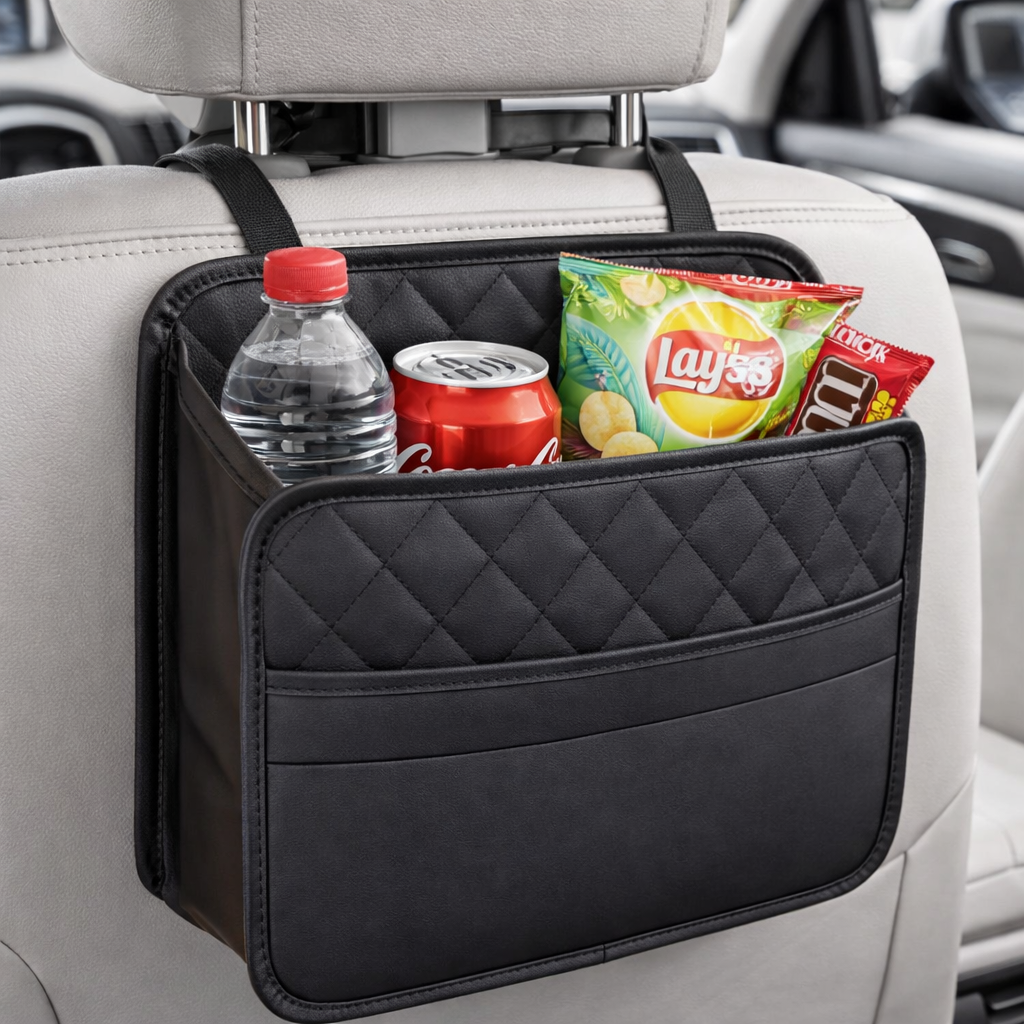 Premium Leather Car Seat Back Organizer – Multipurpose Storage & Trash Bag, Universal Fit for All Vehicles