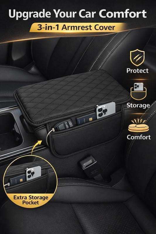 Car Armrest Cushion Cover with Storage Pocket – Soft Leather Center Console Pad, Pressure Relief & Organizer for Car Interior