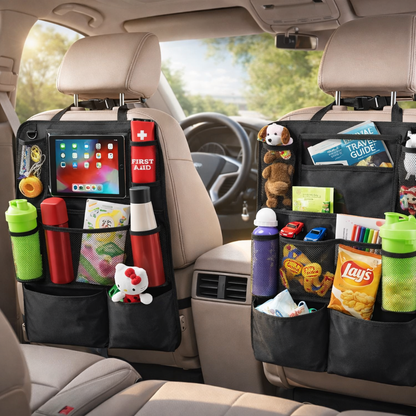 Car Backseat Organizer with Tablet Holder, 9 Storage Pockets Kick Mat Seat Protector, Waterproof Car Seat Organizer for Travel Accessories, Universal Fit (2 Pack)