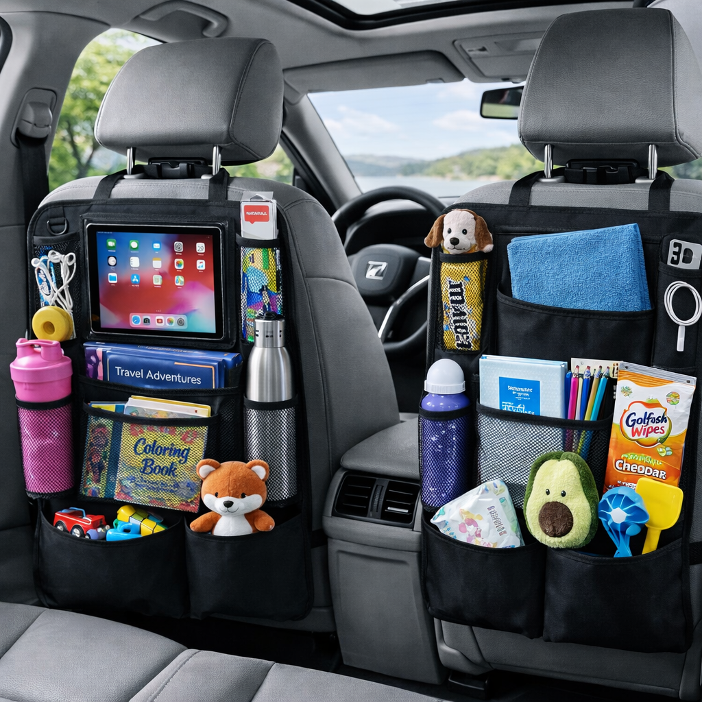 Car Backseat Organizer with Tablet Holder, 9 Storage Pockets Kick Mat Seat Protector, Waterproof Car Seat Organizer for Travel Accessories, Universal Fit (2 Pack)