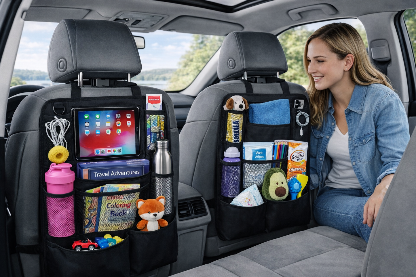 Car Backseat Organizer with Tablet Holder, 9 Storage Pockets Kick Mat Seat Protector, Waterproof Car Seat Organizer for Travel Accessories, Universal Fit (2 Pack)