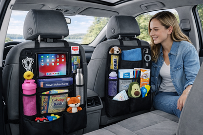 Car Backseat Organizer with Tablet Holder, 9 Storage Pockets Kick Mat Seat Protector, Waterproof Car Seat Organizer for Travel Accessories, Universal Fit (2 Pack)